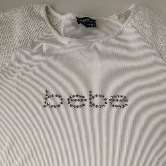 Bebe Embellished Ribbed Top Frayed Hem Sleeve Color Marshmallow Size Juniors XL - Picture 4 of 13